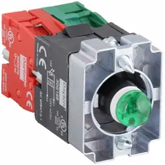 This contact and light block assembly is designed for 22 mm panel mounting in industrial control panels. It combines a 1NO/1NC contact block with a green LED lamp module operating at 120V AC, providing visual indication and switching for status signaling and control in machinery and automation systems. The bulb is included.