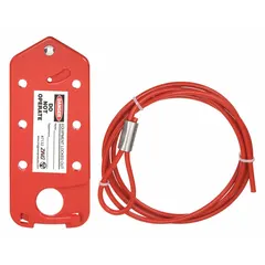 This squeeze-handle cable lockout includes a 10 ft steel cable with a red vinyl finish. The pry-resistant plastic body secures energy-isolating devices such as valves, circuit breakers, or multiple lock points during lockout/tagout procedures.