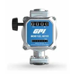Aluminum nutating disc totalizer with 1 in FNPT connections, designed for B20, E15, gasoline, and kerosene. Measures volume in liters with 2% accuracy. Suitable for fuel dispensing, fleet fueling, and bulk transfer operations.