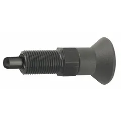 This nonlocking indexing plunger features an extended pin with a pull-knob for manual retraction and engagement. Made of steel with a 5/16"-24 thread and a nose force range of 6 N to 15 N, it is used for precise positioning and locking of moving parts in jigs, fixtures, and machinery.