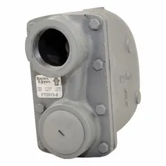 Cast iron H-pattern float and thermostatic steam trap with 2 in FNPT connection. Maximum capacity 11,445 lb/hr at 15 psig and 345°F. Stainless steel float. For horizontal installation. Used to discharge condensate and air from steam systems in heating and process applications.