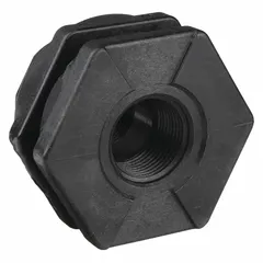 This polypropylene through-wall fitting is designed for tank wall penetrations in fluid-handling systems. It features a 3 in female NPT threaded inside connection. The fitting provides a corrosion-resistant solution for mounting pipes or hoses into tank walls.