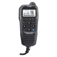 This ICOM speaker microphone features an 8-pin round plug connector and push-to-talk button. It is compatible with ICOM M510, M510BB, M400BB, M410BB, M424G, and M605 series radios. The 240-inch cord allows flexible placement. Suitable for marine and commercial two-way radio communication.