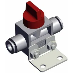 Manual air control valve with knob actuator for starting, stopping, or redirecting compressed air flow in pneumatic systems. Features 2 ports, 6 mm side-ported body, and red actuator. Suitable for panel-mount or space-constrained applications.