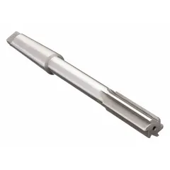 This chucking reamer features a straight flute design and is made of high-speed steel. It has a Morse taper shank (MT2) and a diameter of 0.6875 inches (11/16 in). Used for enlarging and finishing holes to precise diameters in metalworking applications.