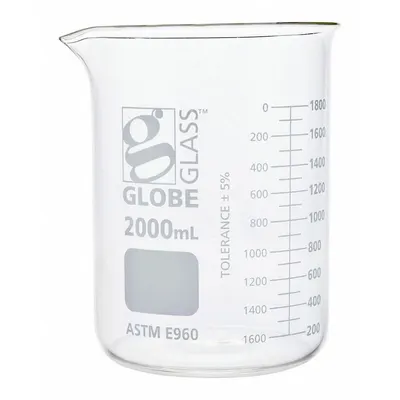 GLOBE SCIENTIFIC Beaker: 2,000 mL, 67.62 fl oz, A, Low Form, Type I, White - Color Coded Low Form Glass Beakers