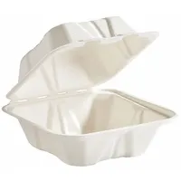 White square hinged-lid container made of molded fiber, microwave safe. Supplied in a 400-pack. Suitable for carry-out food service, takeaway meals, and catering applications