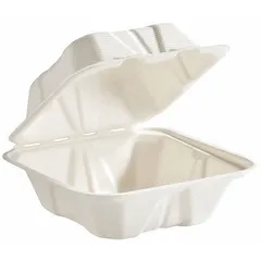 White square hinged-lid container made of molded fiber, microwave safe. Supplied in a 400-pack. Suitable for carry-out food service, takeaway meals, and catering applications.