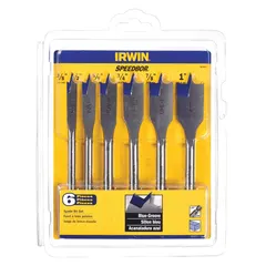 Set of six carbon steel spade drill bits with a bright (uncoated) finish. Each bit has a 1/4-inch hex shank to prevent slipping in the drill chuck. Suitable for drilling large-diameter holes in wood, such as for running cables or plumbing pipes.