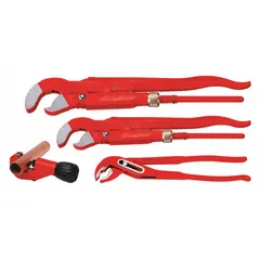 This Swedish pipe wrench set features serrated steel jaws with a 1 1/2 in capacity for gripping and turning pipes, fittings, and round stock. The 6 in overall length and ergonomic handle design facilitate use in confined spaces and reduce hand fatigue. Suitable for plumbing, HVAC, and general maintenance tasks.