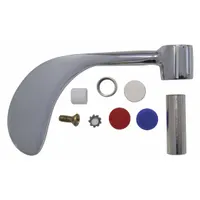 Metal replacement handle with chrome finish for hot/cold water faucets. Includes index buttons and screws for installation. Suitable for commercial and institutional settings where wrist-blade operation aids hygiene and ease of use
