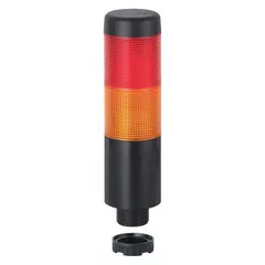 Two-tier tower light assembly with red and yellow steady light tiers for visual status indication. Operates at 24V AC/DC and has an overall height of 141 mm. Suitable for signaling machine states such as fault or warning in industrial environments.