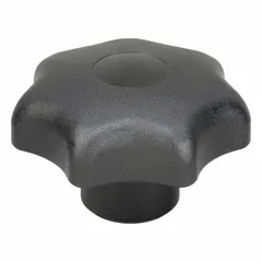 7-arm knob with threaded hole, 63 mm diameter plastic body and steel thread insert. M12 thread size, 18 mm thread length. Used for manual adjustment, clamping, and positioning on machinery and fixtures.