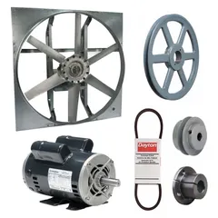 Unassembled belt-drive panel exhaust fan with drive package. Features a 54-inch blade, 2 hp motor, and 29,332 cfm airflow. Operates on 115/208-230V AC, single-phase power. Open dripproof motor with Class B insulation. Zinc-plated steel frame with cast construction. Without intake guards. Suitable for high-volume air movement in industrial and commercial spaces.