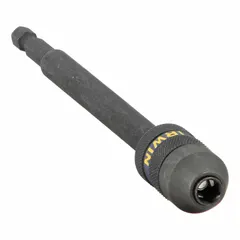 This impact-rated quick-change bit holder accepts 1/4 in hex shank bits. Its nonmagnetic design reduces attraction of metal debris. Suitable for driving and removing fasteners with impact drivers in construction, automotive, and general assembly tasks.