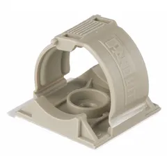 Adhesive mount cable clip for securing and routing wires or cables along surfaces. Used in control panels, machinery, and industrial installations to organize wire bundles and reduce strain on connections. Supplied in a pack of 100.