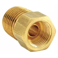 Brass inverted flare tube fitting adapter with flared/threaded connection. Thread size A: 7/16"-24. UL Listed. Supplied in a 25-pack. Used to connect tubing to threaded ports in fluid systems.