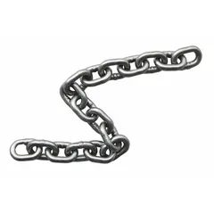 This Grade-43 load-securing chain is made from alloy steel with a straight, plain, welded configuration. It is commonly used for tie-down, towing, and overhead lifting in industrial and construction applications.