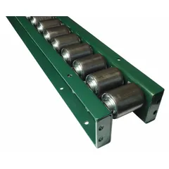 Steel roller flow rail with inline wheel alignment for gravity conveyor systems. Used in material handling to move pallets, totes, or heavy cartons along production or warehouse lines.