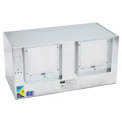 Square duct inline cabinet fan for horizontal or vertical discharge. Operates at 115V AC single-phase, 913 W, single speed. Suitable for ventilation in ductwork systems requiring continuous air movement.