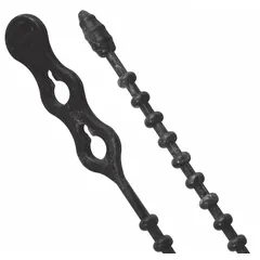 Black beaded releasable cable tie for outdoor use. 8 in length, 70 lb tensile strength, accommodates bundles up to 2 in diameter. Releasable design allows repositioning. 15 ties per small pack.