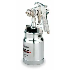 This conventional spray gun from DEVILBISS features a 13-inch aluminum body and a 1/4-inch NPS air inlet. It consumes 14 cfm at 60 psi and is designed for applying primers. Suitable for industrial finishing tasks requiring application of high-viscosity coatings.