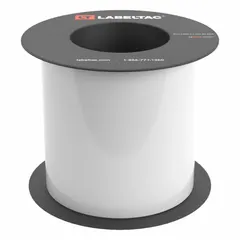 Thermal transfer continuous label roll in white gloss vinyl, 5 inches wide by 75 feet long. Rated for indoor and outdoor use. Compatible with LabelTac 9 printer series (MPN LT502-C). Used for on-demand industrial labeling such as pipe marking, safety signs, and equipment identification.