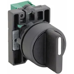 Two-position selector switch with maintained/maintained action and short-handled knob. Non-illuminated plastic operator head with non-metallic bezel. Rated 10 A at 600 V AC and 2.5 A at 600 V DC. Suitable for panel-mount on/off control applications in industrial equipment.