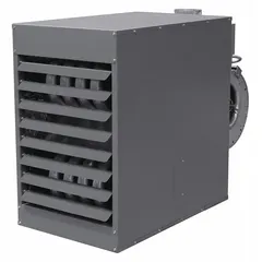 This standard-profile suspended unit heater delivers 175,000 BtuH heating capacity input using propane fuel. It features a blower fan for air distribution, a 5 in flue diameter, and a 1/2 in NPT male gas connection. The combustion type is field convertible. Overall dimensions are 33-3/4 in x 37-1/4 in x 56-1/8 in. Suitable for heating commercial and industrial spaces such as warehouses, workshops, and loading docks.