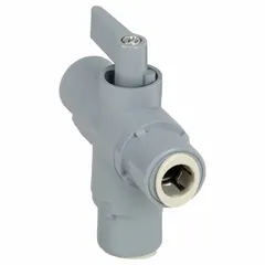 NSF 51 compliant L-port PVC ball valve with lever handle. One-piece body with push-fit connections for L flow configuration. Used for diverting or mixing flow in low-pressure plumbing systems requiring corrosion resistance.