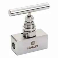 This HAM-LET H99 Series needle valve features a stainless steel body with screw-in bonnet and V-Stem for precise flow control of liquid media. It has a 12 mm pipe size, Let-Lok connection on side 1, and socket connection on side 2, with a metal tee handle. Complies with ISO 15848-1 standards