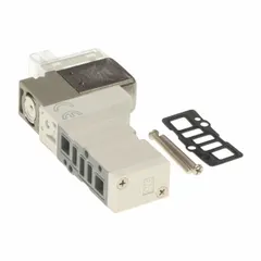 Solenoid Air Control Valve: Five-Way / Two-Position, SYJ3000, Single Solenoid, 24V DC, Plug-In (MPN SYJ3143-5LOU-Q). Key specifications — attr1327444: SYJ3143-5LOU-Q; attr1327445: Single Solenoid; attr1327448: Die Cast Zinc; attr1327456: Plug-In; attr1327492: Solenoid Air Control Valve; attr1327505: 24V DC.