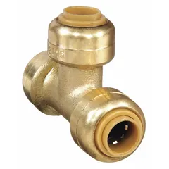 This SHARKBITE push-to-connect tee fitting is made from DZR brass and features a coupling swivel design. It connects three tubes with outer diameters of 3/8 in, 1/4 in, and 1/4 in. Suitable for use in plumbing and fluid systems where branch connections are required.
