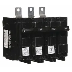 Three-pole miniature circuit breaker rated 35 A at 120/240V AC, part of the B Series BL line. Includes a shunt trip for remote tripping capability. Suitable for overcurrent protection in Siemens P1 panelboards within commercial and industrial electrical distribution systems.