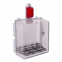 This clear polycarbonate wall fixture guard is designed for indoor use with medical devices. It includes an integral alarm and mounting hardware for surface-mount installation. The guard helps protect against vandalism and damage, with an overall depth of 14 3/16 inches.