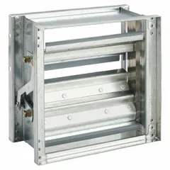 Rectangular manual control damper for regulating airflow in HVAC ductwork. Features V-groove blade with TPE blade seal, hat channel single construction, and normally open switch action. Designed for ceiling mounting, includes extension pin kit. Maximum air velocity 3000 fpm.