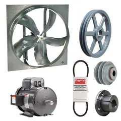 Unassembled belt-drive panel supply fan with a 54-inch blade delivering 37,683 cfm. Features a totally enclosed motor rated 3 hp, single-phase, 115/230V AC. Suitable for industrial ventilation, make-up air, or exhaust in factories, warehouses, and commercial buildings.