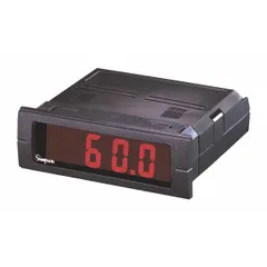 This DC voltage digital panel meter from the Mini-Max series features a red LED display with a span of -1,999 to 9,999 counts. It provides True RMS measurement with an accuracy of ±0.5% of reading ±2 counts. The unit includes screw clamp terminals and mounting brackets, suitable for integration into control panels and test equipment for monitoring DC voltage.