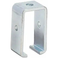 Steel trolley support with electroplated silver finish. Overall length 3 3/4 in, width 1 1/8 in, thread size 9/16 in. Used for mounting and stabilizing trolley systems in material handling, conveyor, and overhead rail applications.