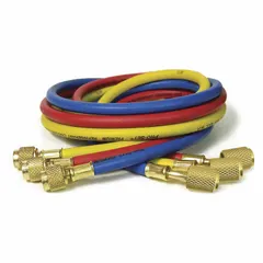 Three-hose charging set in blue, red, and yellow for connecting a manifold gauge to HVAC and refrigeration systems. Each 5-foot nylon hose has a 0° angle fitting. Includes an anti-blowback valve to minimize refrigerant loss during service.