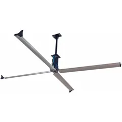 Industrial HVLS ceiling fan with 16 ft blade diameter, operating on 230V AC three-phase power at 4.2 A. Variable speed control allows airflow adjustment for large spaces. Suitable for warehouses, distribution centers, and manufacturing plants to improve air circulation.