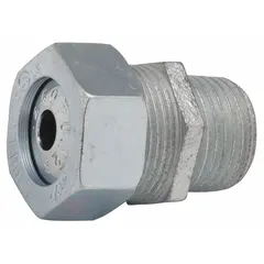 Straight metallic cable grip with steel body and silver finish. Features 3/4 in MNPT box connection and accommodates cord diameters from 0.38 in to 0.50 in. Rated Class I, Division 2 for hazardous locations. Suitable for securing and protecting wiring in environments where flammable gases or vapors may be present.