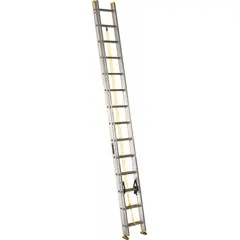 This 28 ft aluminum extension ladder has a 250 lb load capacity and weighs 53 lb. It features a fixed fly and a rope and pulley system for extension. Suitable for building maintenance, electrical work, and facility repairs requiring elevated access.