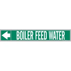 Green fiberglass carrier-mounted pipe marker with white legend reading 'Boiler Feed Water' and directional arrows. Fits pipe outer diameters from 2-1/2 to 6 inches. Supplied as a set of 25 markers with strapping for secure attachment. Used to identify boiler feed water lines in industrial piping systems.