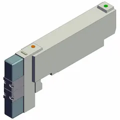 Double solenoid operated five-way/three-position directional control valve with a maximum flow rate of 16.45 scfm. Features a plug-in electrical connection, non-locking manual override, and closed center position that blocks all ports when de-energized. Suitable for directing airflow to actuators or cylinders in pneumatic systems requiring fail-safe hold or intermediate stop.