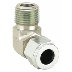 This double-ferrule steel compression elbow connects 1/2 in OD tubing to a 1/2 in pipe port with Compression x MNPT ends. Thread size is 3/4-20. Compatible with Parker A-LOK fitting brands. Used in hydraulic, pneumatic, and instrumentation systems requiring leak-tight, vibration-resistant joints.