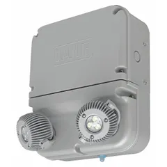 Surface-mount emergency light with two LED lamp heads, 12W lamp watt and 24W emergency watt, operating on 120V AC. Gray plastic housing is damp location rated and CA Title 20 compliant. Includes self-diagnostics; not remote capable.