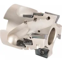 Indexable face mill with helical geometry for reduced cutting forces and vibration. Suitable for high-efficiency milling of steel, stainless steel, and cast iron in general engineering and mold-making applications