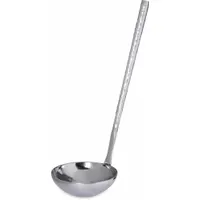 This stainless steel ladle features a hammered mirror finish and a 13 1/2 in overall length. With a 4 oz capacity, it is suited for portioning and transferring liquids or semi-liquids in commercial food service settings