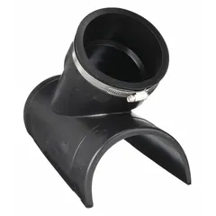 PVC tap saddle wye fitting for 6-inch iron or PVC drain/vent pipe, with a 15 5/32-inch overall length. Designed for above-ground use, it includes a stainless steel clamp for secure attachment. Used to add a branch connection in plumbing systems.